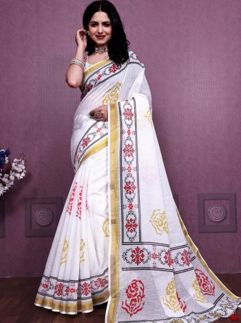 TRENDING HANDLOOM LINEN COTTON DIGITAL PRINT GOLD ZARI BORDER WORK SAREE WITH UNSTITCHED BLOUSE WHITE
