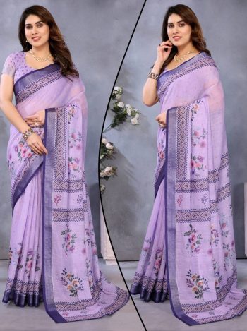 TRENDING HANDLOOM LINEN DIGITAL PRINT ZARI BORDER WORK SAREE WITH UNSTITCHED BLOUSE LAVENDER