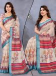 TRENDING HANDLOOM LINEN DIGITAL PRINT ZARI BORDER WORK SAREE WITH UNSTITCHED BLOUSE OFF WHITE