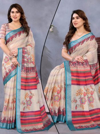 TRENDING HANDLOOM LINEN DIGITAL PRINT ZARI BORDER WORK SAREE WITH UNSTITCHED BLOUSE OFF WHITE