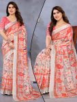 TRENDING HANDLOOM LINEN DIGITAL PRINT ZARI BORDER WORK SAREE WITH UNSTITCHED BLOUSE PEACH