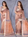 TRENDING HANDLOOM LINEN DIGITAL PRINT ZARI BORDER WORK SAREE WITH UNSTITCHED BLOUSE GOLD