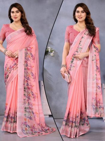 TRENDING HANDLOOM LINEN DIGITAL PRINT ZARI BORDER WORK SAREE WITH UNSTITCHED BLOUSE PINK