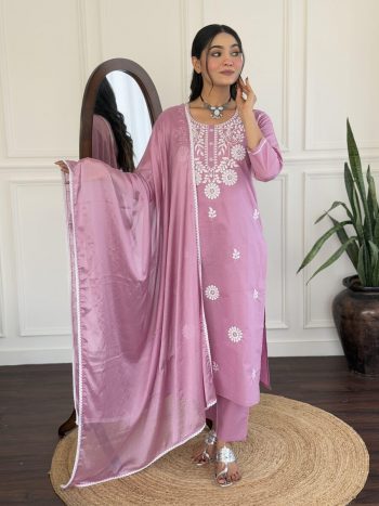 TRENDING VISCOSE EMBROIDERY WORK TOP BOTTOM WITH DUPATTA PINK