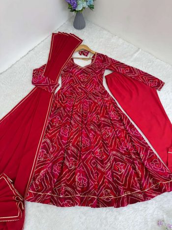 TRENDING VISCOSE RAYON BHANDHEJ PRINT GOWN BOTTOM WITH DUPATTA RED