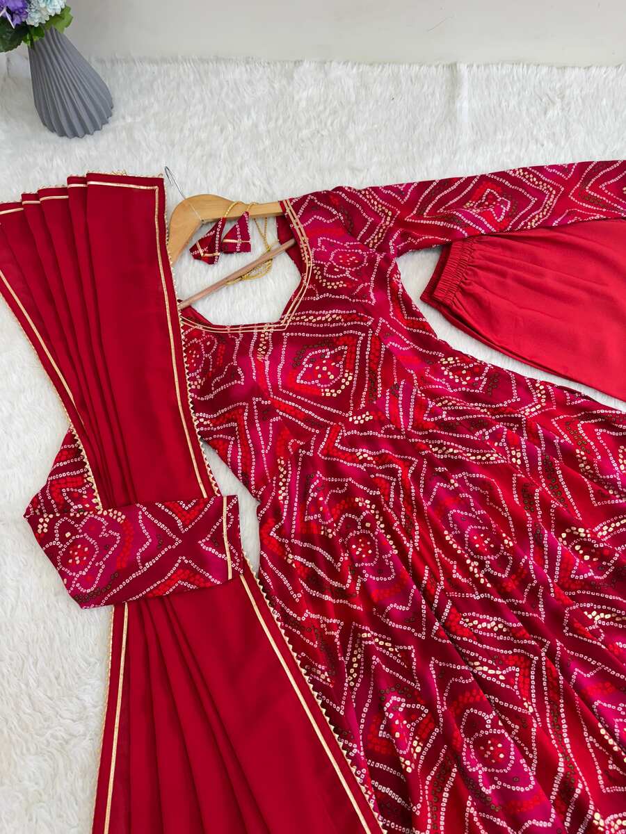 TRENDING VISCOSE RAYON BHANDHEJ PRINT GOWN BOTTOM WITH DUPATTA FESTIVAL WEAR WHOLESALE PRICE ETHNIC GARMENT (16)