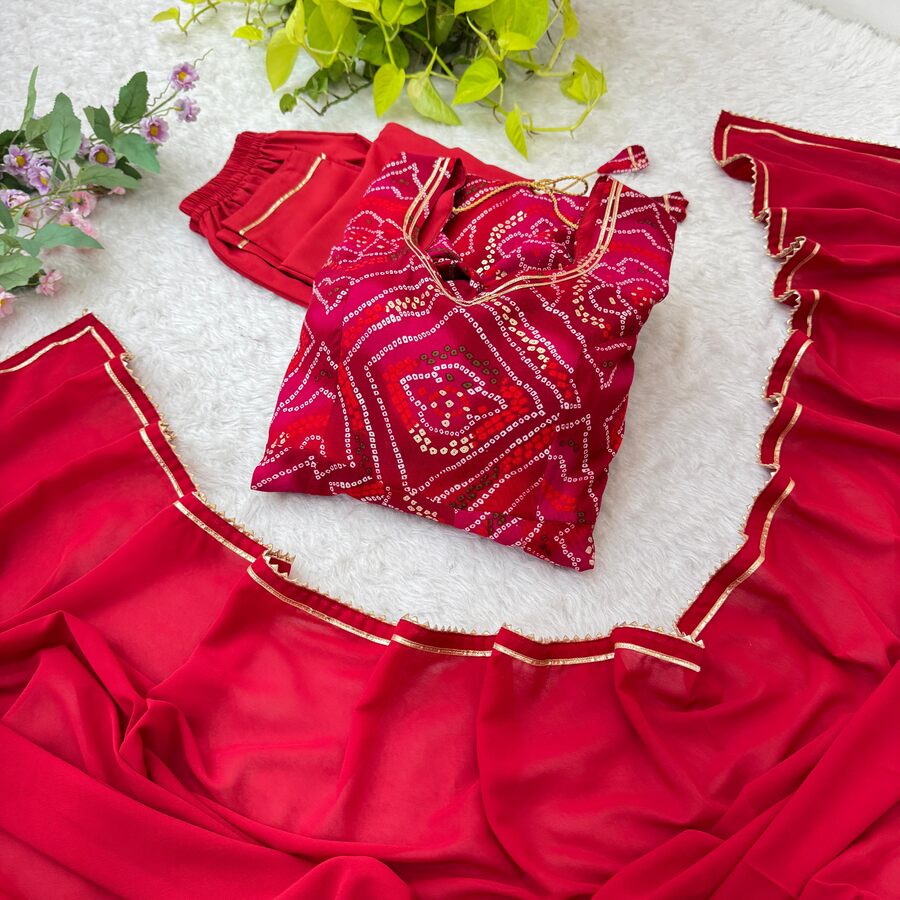 TRENDING VISCOSE RAYON BHANDHEJ PRINT GOWN BOTTOM WITH DUPATTA FESTIVAL WEAR WHOLESALE PRICE ETHNIC GARMENT (19)