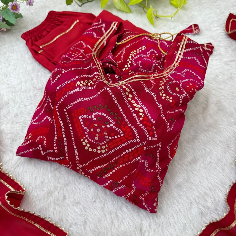 TRENDING VISCOSE RAYON BHANDHEJ PRINT GOWN BOTTOM WITH DUPATTA FESTIVAL WEAR WHOLESALE PRICE ETHNIC GARMENT (20)