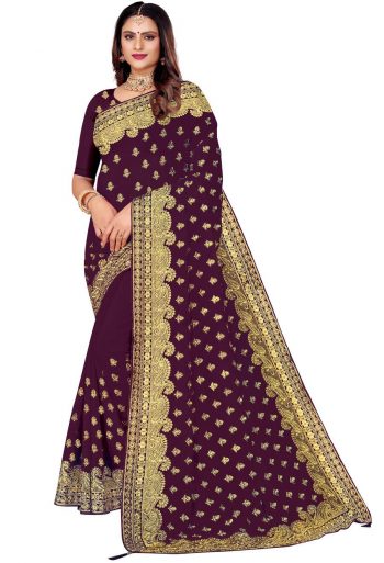 DESIGNER GEORGETTE EMBROIDERY WORK SAREE WITH UNSTITCHED BLOUSE WINE