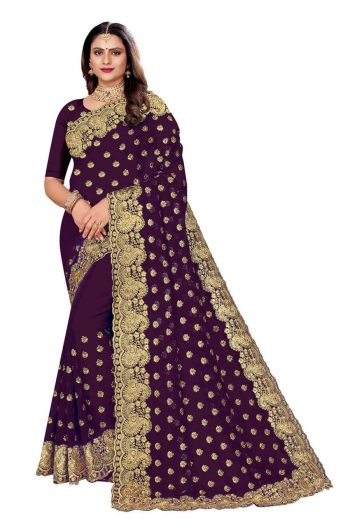DESIGNER GEORGETTE EMBROIDERY WORK SAREE WITH UNSTITCHED BLOUSE WINE