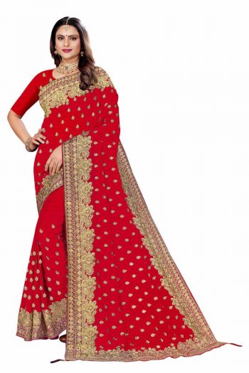 DESIGNER GEORGETTE EMBROIDERY WORK SAREE WITH UNSTITCHED BLOUSE RED
