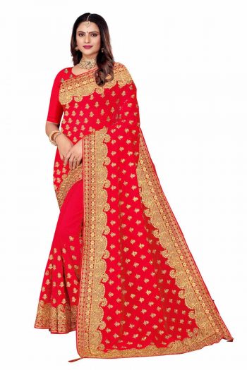 DESIGNER GEORGETTE EMBROIDERY WORK SAREE WITH UNSTITCHED BLOUSE RED