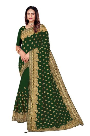 DESIGNER GEORGETTE EMBROIDERY WORK SAREE WITH UNSTITCHED BLOUSE PARROT GREEN