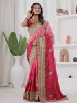 DESIGNER CHINON SILK EMBROIDERY CODING WORK SAREE WITH UNSTITCHED BLOUSE PINK AND RANI