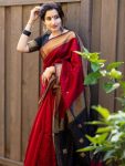 MODERN LINEN WEAVING WORK SAREE WITH UNSTITCHED BLOUSE RED
