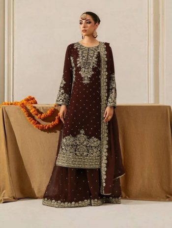 DESIGNER GEORGETTE CODING AND SEQUENCE WITH RIVET MOTI WORK TOP PALAZZO WITH DUPATTA BROWN
