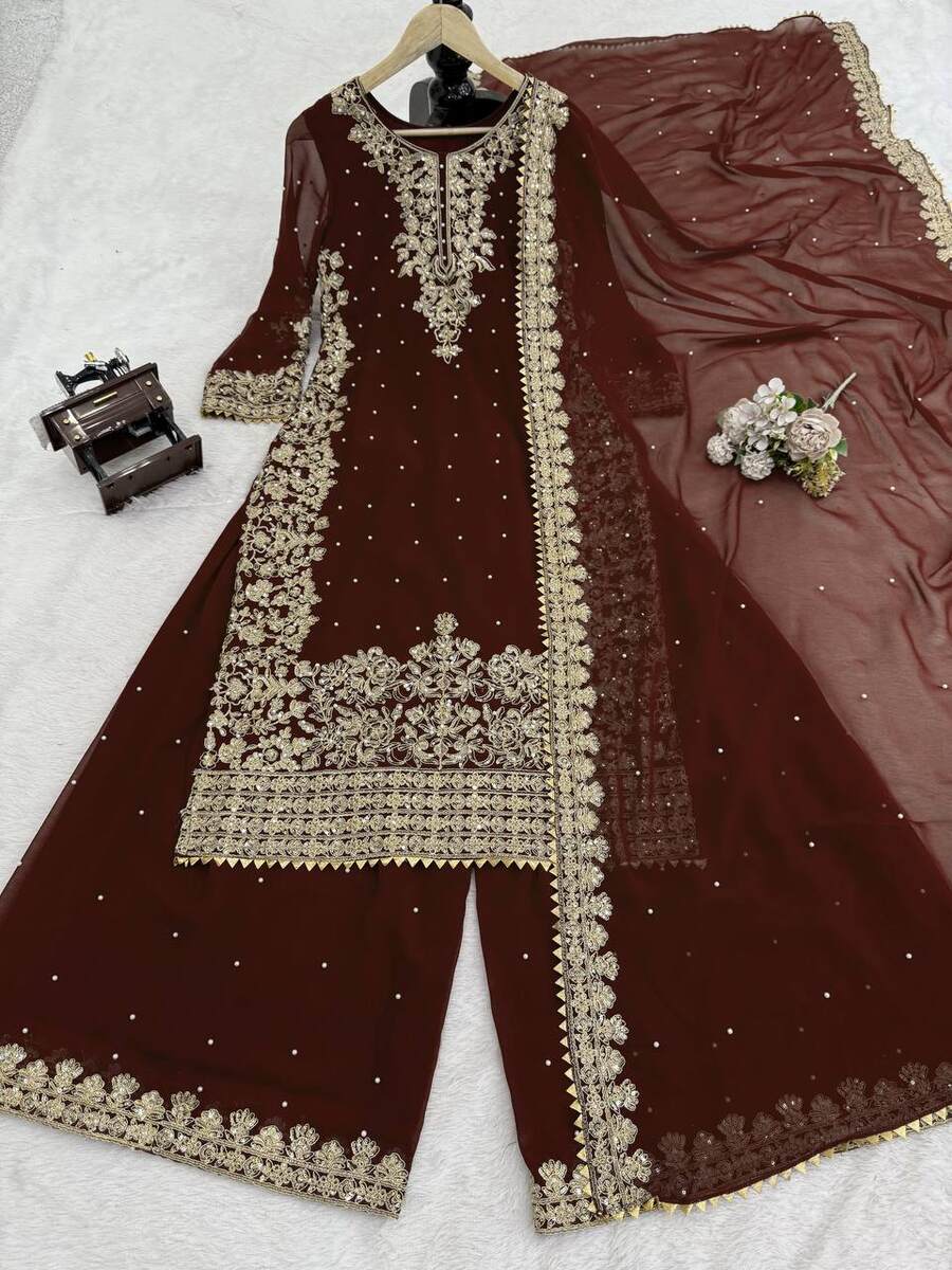 16DESIGNER GEORGETTE CODING AND SEQUENCE WITH RIVET MOTI WORK TOP PALAZZO WITH DUPATTA FESTIVE WEAR WHOLESALE PRICE ETHNIC GARMENT (20)