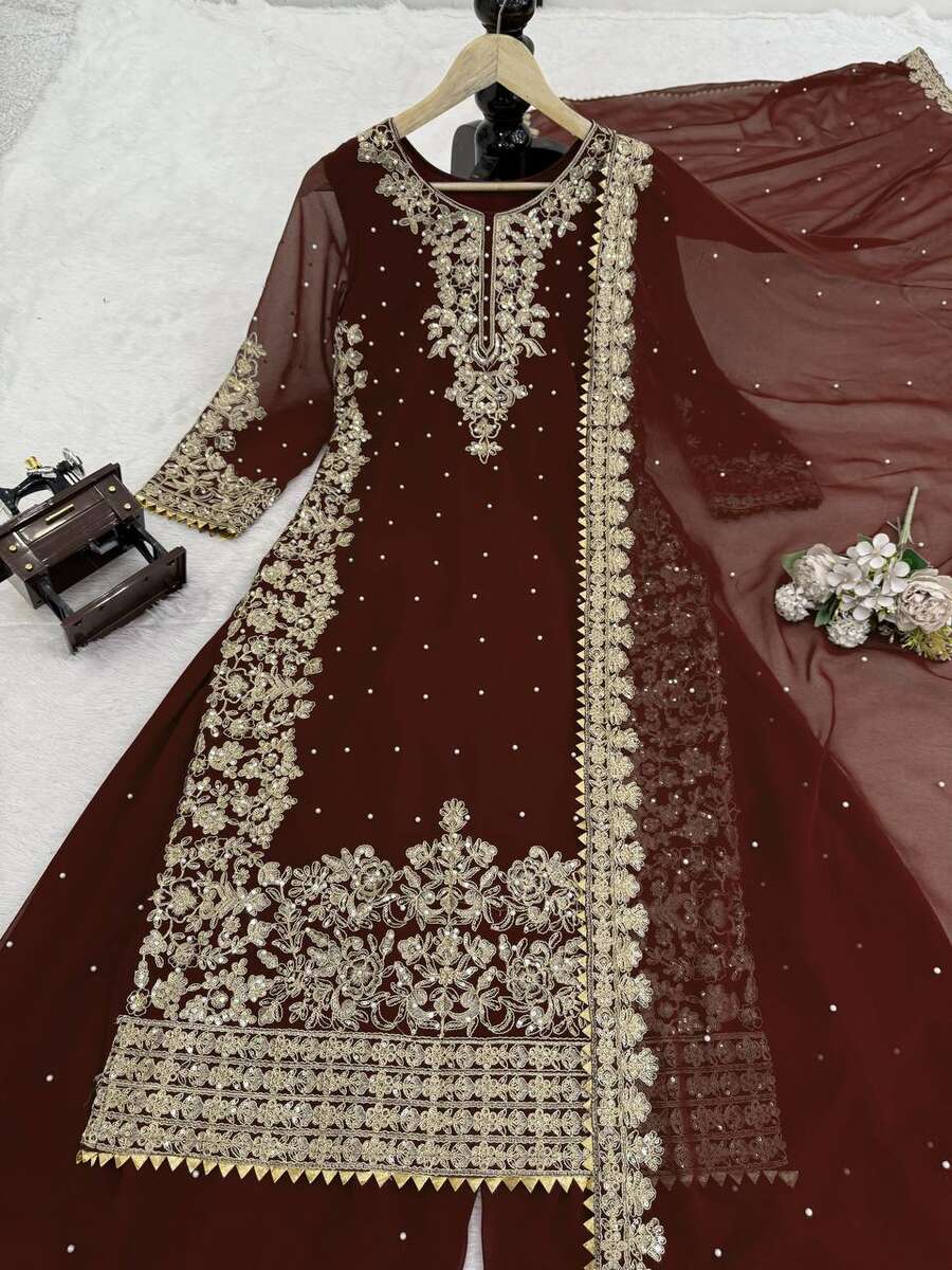 16DESIGNER GEORGETTE CODING AND SEQUENCE WITH RIVET MOTI WORK TOP PALAZZO WITH DUPATTA FESTIVE WEAR WHOLESALE PRICE ETHNIC GARMENT (21)