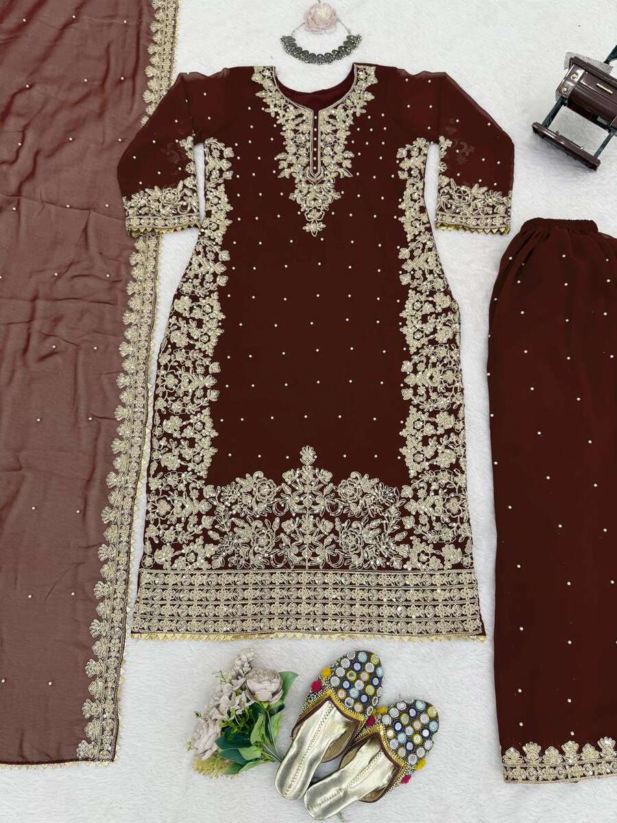 16DESIGNER GEORGETTE CODING AND SEQUENCE WITH RIVET MOTI WORK TOP PALAZZO WITH DUPATTA FESTIVE WEAR WHOLESALE PRICE ETHNIC GARMENT (23)