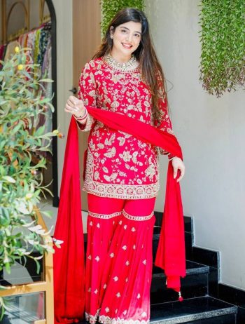 RICH LOOK GEORGETTE EMBROIDERY SEQUENCE WORK TOP SHARARA WITH DUPATTA RED