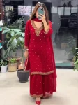 ATTRACTIVE GEORGETTE EMBROIDERY SEQUENCE WORK WITH REAL MIRROR HAND WORK TOP PALAZZO WITH DUPATTA RED