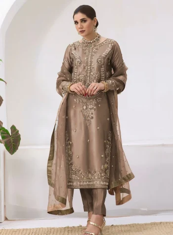 ATTRACTIVE JIMMY CHOO EMBROIDERY AND SEQUENCE WORK TOP BOTTOM WITH DUPATTA CHIKU