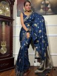 ATTRACTIVE LICHI SILK JACQUARD WORK SAREE WITH UNSTITCHED BLOUSE NAVY BLUE