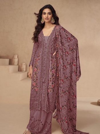 DESIGNER AIRTEX CHINON EMBROIDERY SEQUENCE WORK WITH MIRROR AND DIAMOND WORK TOP PALAZZO WITH DUPATTA WINE