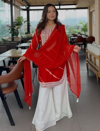 DESIGNER CHINON EMBROIDERY CODING WORK WITH DIGITAL PRINT WORK TOP PALAZZO WITH DUPATTA RED
