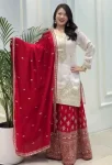 DESIGNER CHINON SILK EMBROIDERY SEQUENCE WORK TOP PALAZZO WITH DUPATTA  WHITE AND RED