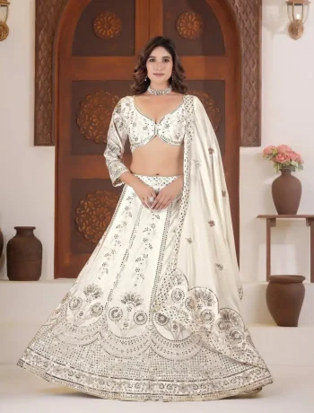 DESIGNER CHINON SILK SEQUENCE AND ZARI EMBROIDERY WORK LEHENGA CHOLI WITH DUPATTA  WHITE