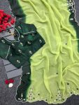 DESIGNER CRUNCHY CHIFFON BEADS AND MOTI HANDWORK WITH TREAD HAND WORK AND BUTTI WORK SAREE WITH UNSTITCHED BLOUSE GREEN