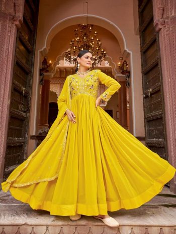 DESIGNER FAUX BLOOMING ZARI-SEQUENCE & EMBROIDERY WORK GOWN WITH DUPATTA YELLOW