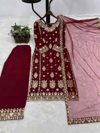 DESIGNER GEORGETTE EMBROIDERY SEQUENCE WORK TOP PALAZZO WITH DUPATTA MAROON