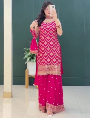 DESIGNER GEORGETTE EMBROIDERY SEQUENCE WORK WITH FANCY LATKAN WORK TOP PALAZZO WITH DUPATTA PINK