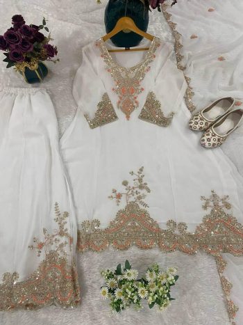 DESIGNER GEORGETTE EMBROIDERY WITH THREAD AND SEQUENCE WORK TOP PALAZZO WITH DUPATTA WHITE