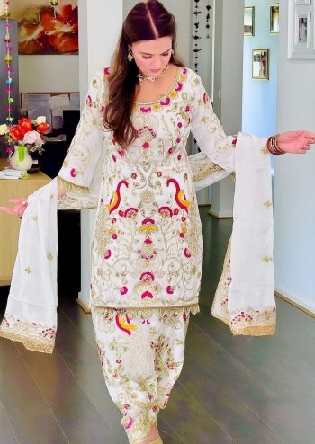 DESIGNER JIMMY CHOO EMBROIDERY CHAIN SEQUENCE AND HAND WORK TOP PATIYALA WITH DUPATTA WHITE