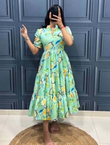 DESIGNER MUSLIN COTTON PRINT WORK AND STYLISH 3 LAYER PATTERN WORK ONE PIECE GREEN