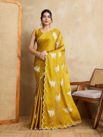 DESIGNER RANGOLI SILK EMBROIDERY SEQUENCE WITH CUTWORK BORDER WORK SAREE WITH UNSTITCHED BLOUSE YELLOW