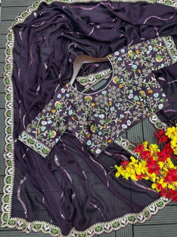 DESIGNER RANGOLI SILK EMBROIDERY SEQUENCE WITH MULTI THREAD WORK AND CUT WORK BORDER SAREE WITH STITCHED BLOUSE WINE