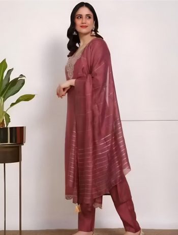 DESIGNER SLUB COTTON EMBROIDERY WORK TOP BOTTOM WITH DUPATTA PEACH