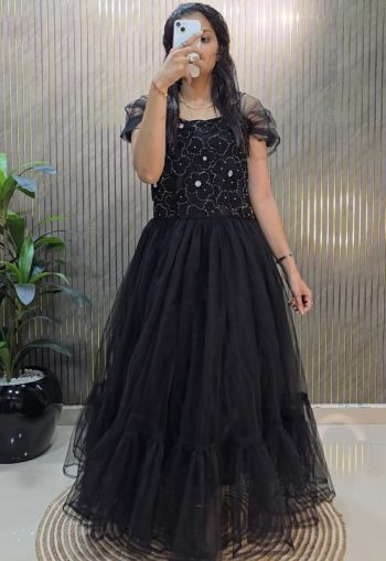 DESIGNER SOFT NET FABRIC WITH DESIGNER NET WORK MIDI DRESS BLACK