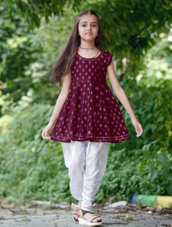 FANCY 14KG RAYON FOIL PRINT AND LACE WORK KID'S TOP AND DHOTI SET WINE