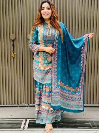 FANCY CHINON SILK DIGITAL PRINT WORK TOP PALAZZO WITH DUPATTA SKY