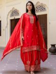 FANCY CHINON SILK EMBROIDERY SEQUENCE ZARI WOEK TOP PALAZZO WITH DUPATTA RED