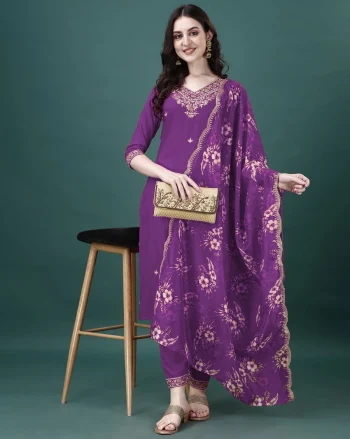 FANCY COTTON EMBROIDERY SEQUENCE WORK TOP BOTTOM WITH DUPATTA PURPLE