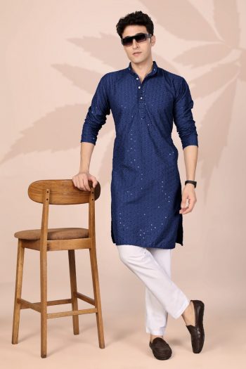 FANCY COTTON EMBROIDERY WORK MEN'S ONLY KURTA NAVY BLUE