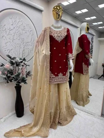 FANCY FENDY SATIN EMBROIDERY CODING & SEQUENCE WORK TOP PALAZZO WITH DUPATTA MAROON