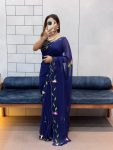 FANCY GEORGETTE HANDPAINT FLOWER PRINT PANEL WORK WITH CUT DANA HANDWORK SAREE WITH UNSTITCHED BLOUSE NAVY BLUE