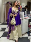 FANCY NATURAL CREPE EMBROIDERY WITH ORIGINAL HAND MIRROR WORK TOP PALAZZO WITH DUPATTA PURPLE